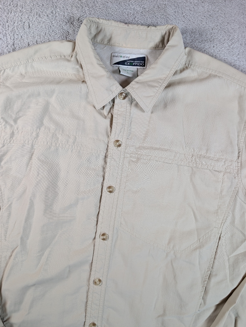ExOfficio Insect Shield Shirt Mens L Beige Long Sleeve Travel Hiking